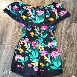 Floral Tropical Lace Trim Romper